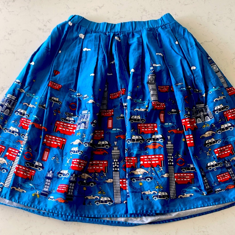 Retro London Pleated Swing Skirt S Blue Elastic Waist Pockets Knee Length Pinup